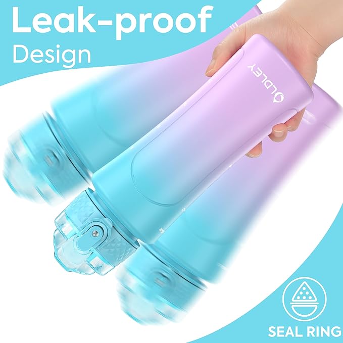 OLDLEY Kids Water Bottle for School with Straw Chug Lid, 15 oz Unbreakable Leak-Proof BPA-Free Motivational Water Bottles with Time Marker for Travel Sports Gym, Blue Purple