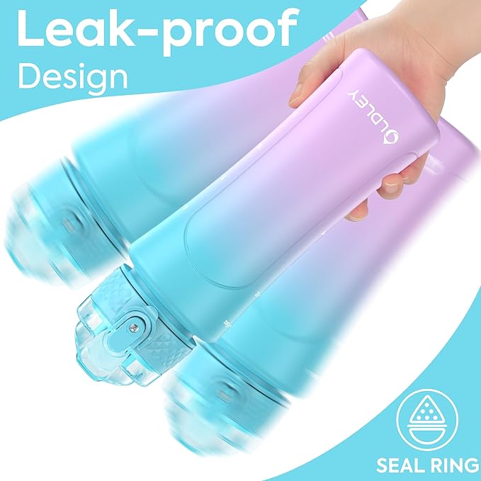 OLDLEY Kids Water Bottle with Straw 15 oz BPA-Free Leak-Proof Motivational Water Bottles with Time Marker for School Sports Travel Gym, Easy to Use for Girls Goys, 1 Straw Lid, Blue Purple