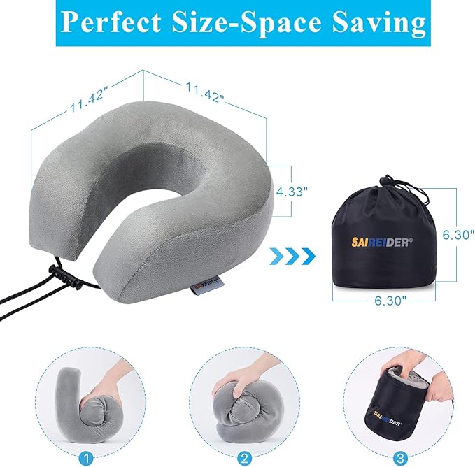 SAIREIDER Airplane Pillow 100% Memory Foam Neck Pillow for Airplanes Flight Rest Best Adjustable Travel Neck Support Pillows-Prevent The Heads from Falling Forward (Grey)