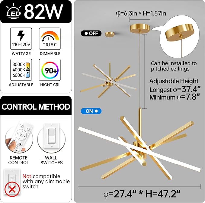 Modern Sputnik Chandelier Ceiling 82W LED Gold Pendant Light Embedded Mount Chandeliers Dining Room Light Fixtures Over Table Dimmable with Remote Control for Living Room Kitchen Bedroom 31.5 inches