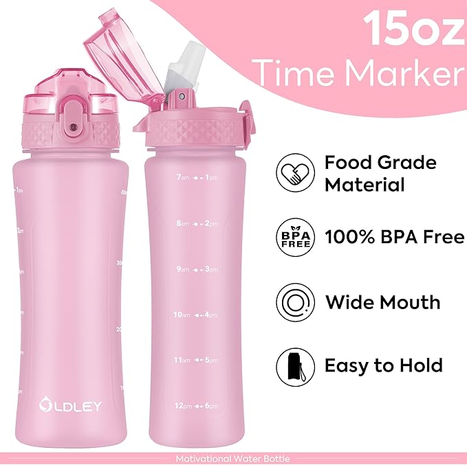 OLDLEY Kids Water Bottle with Straw 15 oz BPA-Free Leak-Proof Motivational Water Bottles with Time Marker for School Sports Travel Gym, Easy to Use for Girls Goys, 1 Straw Lid, Candy Pink