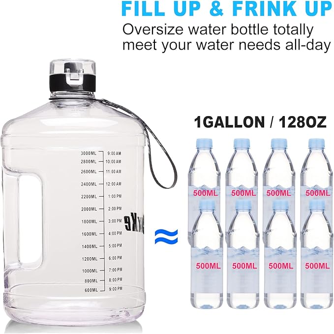 Gallon Big Water Bottle with Handle, 128oz Leakproof BPA Free Fitness Sports Water Bottle with Motivational Time Marker & Wide Mouth Ensure You Drink More Water