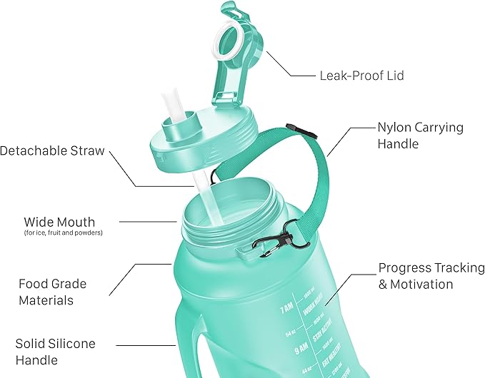 Collapsible Water Bottle for Traveling, Workout or Hiking 64oz Gen 2.0 - Motivational Water Bottle with Time Markings - Half Gallon / 2 L Capacity - BPA Free & Dishwasher Safe (Fresh Teal + Filter)