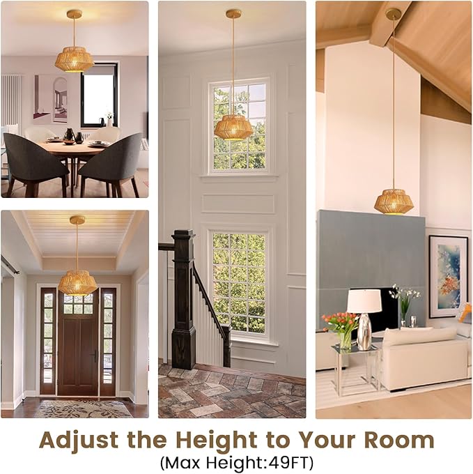 Rattan Chandelier Light Fixtures: 1-Light Boho Pendant Lights with Wicker Lampshade, E26 59inch Height Adjustable Hand Woven Hanging Chandeliers for Dining Room Kitchen Farmhouse Living Room