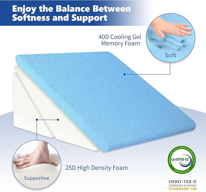 Bed Wedge Pillow for Sleeping, 7.5 & 9 & 11 & 12 Inch Adjustable Memory Foam Triangle Wedge Pillow Post Surgery for Back, Legs and Knee Support, Acid Reflux, Gerd, Heartburn and Snoring