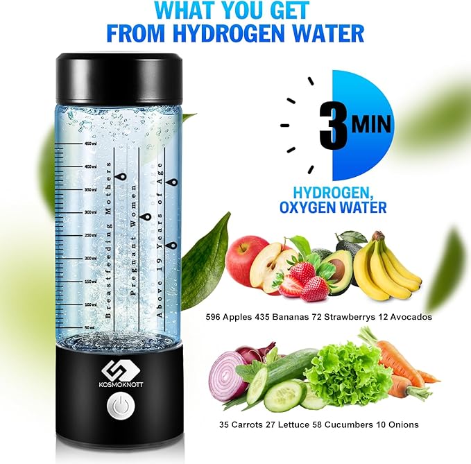 Marked Hydrogen water bottle generator Hydrogenius by Kosmoknott | 3500 ppb Hydrogen Water Machine with Clear Markings | Improves Sleep & Skin, Fast Charging, Leak-Proof Design