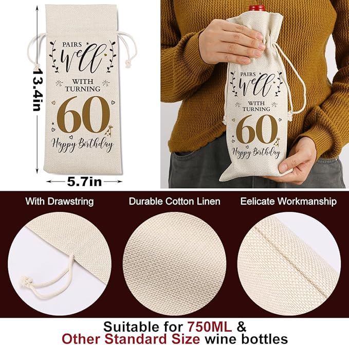 60th Birthday Gifts for Women Ideas Funny Wine Bag 60th Birthday Decorations Party Favors Happy Anniversary Retirement Gifts for 60 Year Old Woman Men Dad Mom Grandparents Wine Gift Bag