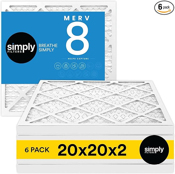 Simply 20x20x2 Air Filter, MERV 8, MPR 600, 6 Pack, Furnace Air Filter for HVAC (Actual Size:19.5"x19.5"x1.75") DUST, Pet, & Allergy Control