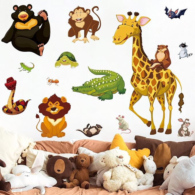 Jungle Animals Wall Decals Woodland Animals Wall Stickers Giraffe Lion Crocodile Bear Wall Sticker Removable DIY Peel and Stick Mural Art Decor for Kids Baby Bedroom Living Room