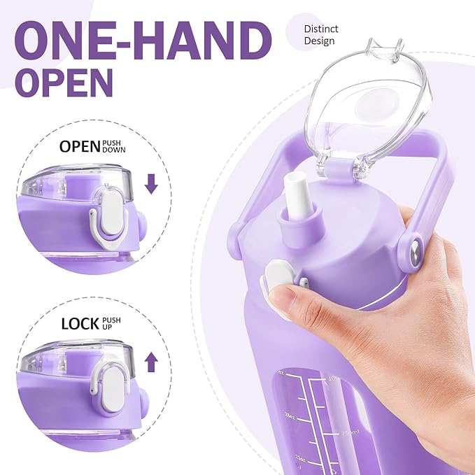 kytffu 42oz Glass Water Bottles with Straw, Motivational Glass Bottle with Silicone Sleeve and Time Marker, Leakproof Large Glass Water Jug for Gym Home Office,Purple