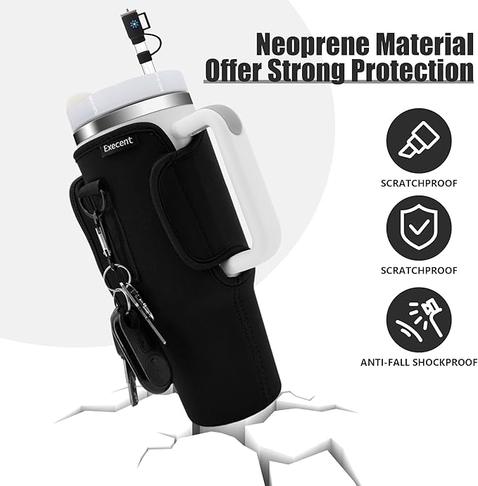 Water Bottle Carrier Bag for Stanley Cup Accessories, for Stanley Tumbler 40 Oz with Handle Holder Bag with Strap Neoprene Bollus with Straw, Straw Cover, Carabiner (Off White)