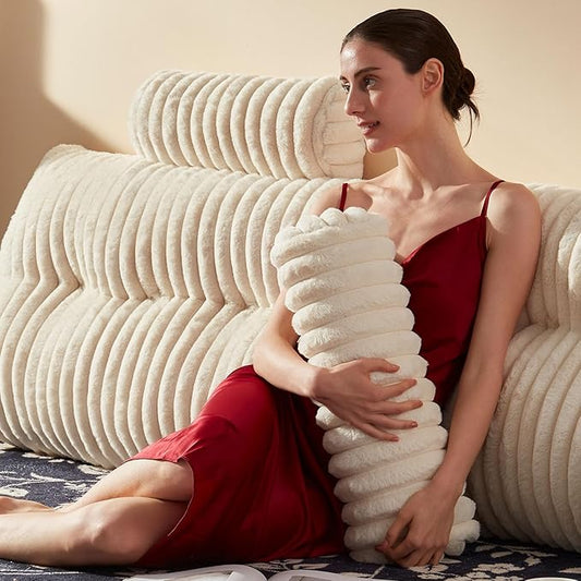 Faux Fur Headboard Pillow with 2 Pack Neck Roll Pillow Large Headboard Pillow Soft and Supportive with Removable Cover (Beige, King)