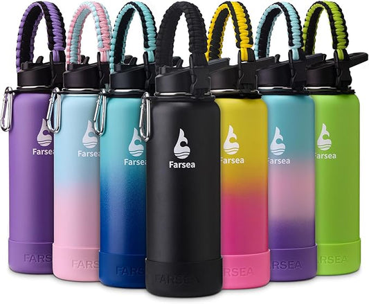 Farsea Insulated Water Bottle With Paracord Handle, Protective Boot and 2 Lids (Straw Lid & Spout Lid), Stainless Steel Water Bottle Wide Mouth, Double Wall Sweat-Proof BPA-Free, 40 oz