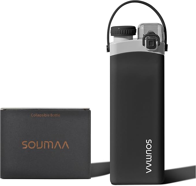 Collapsible Silicone Water Bottle - 600ml, BPA-Free, Portable and Leak-Proof with Carrying Handle for Travel, Camping, Hiking, Fishing, Swimming, Biking (Black)