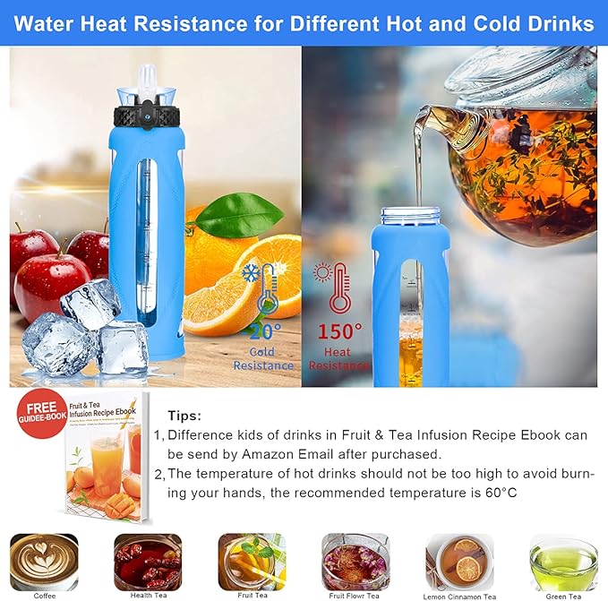 GOPPUS Glass Water Bottles with Straw and Flip Lid, Motivational Water Bottles with Time Marker Reminder and Silicone Sleeve, Leakproof, BPA Free (32 oz, Blue)