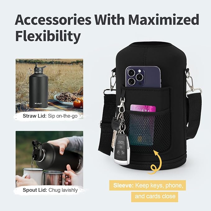 One Gallon Water Bottle Insulated, Triple Wall Vacuum Cold for 48 Hrs & Leak-proof & Non-BPA, 128oz Large Sports Stainless Steel Water Jug with Paracord Handle Straw Spout Lids & DIY Stickers