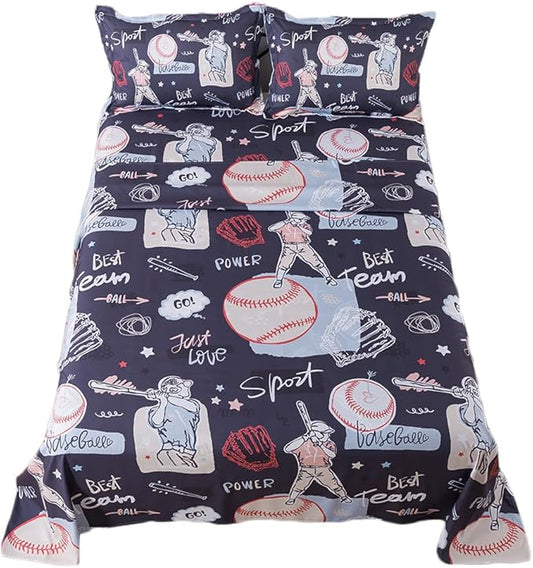 qjmiaofang Baseball Bed Sheet Set for Kids Boys Sports Sheets Set Queen Size Baseball Fitted Sheet 4Pieces Sport Theme Baseball Flat Sheet Set Including 1 Fitted Sheet 1 Flat Sheet and 2 Pillowcases