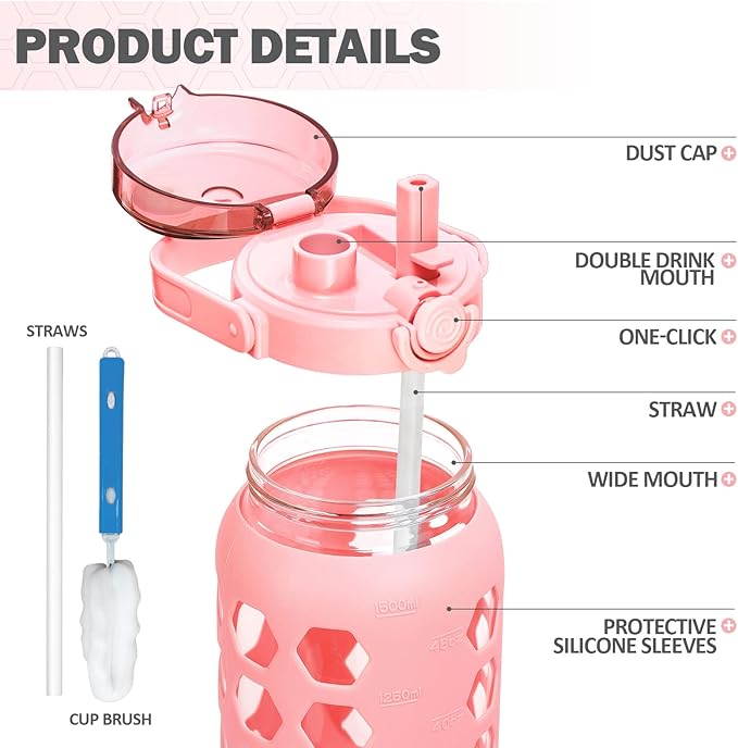 MUKOKO 56oz Glass Water Bottles with Straw and Lid,Motivational Water Jug with Time Marker Reminder and Silicone Sleeve,100% Leakproof BPA Free Fitness Sports Large Bottle-Pink