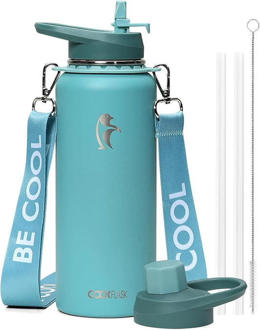 Coolflask Water Bottle 40 oz with Strap, Insulated Metal Water Flask with Straw & Spout Lids, Stainless Steel Double Wall Vacuum, Keep Cold 48h Hot 24h, Leak Proof & Non-BPA, Agate Green