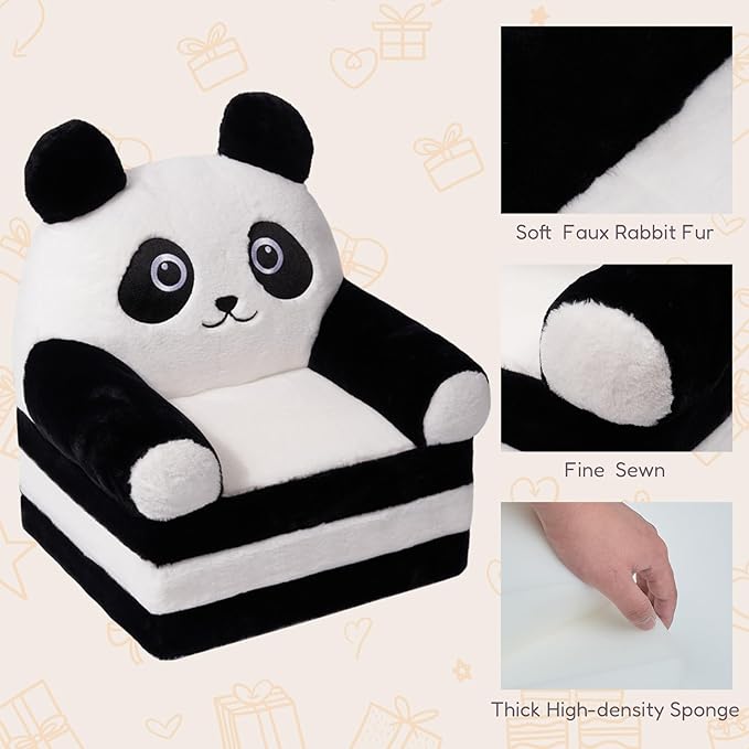 Kids Sofa Chair for Toddler, 2-in-1 Folding Soft Baby Couch with Removable Cover, Comfy Plush Children's Recliner, Convertible Floor Sofa Bed to Lounger for Girls Boys Age 1-3,Panda