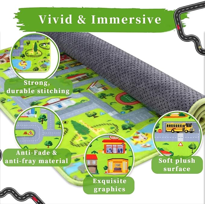 Kids Playmat Car Rug, City Life Fun Carpet Educational Car Rugs for Kids Play with Cars and Toys Road Traffic Play Mat for Bedroom Playroom Classroom Soft Large Area Rug, 8x10 ft, Grey Streets
