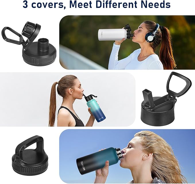 Insulated Water Bottle with Straw&3 Lids 40oz Stainless Steel Water Bottles Metal Water Bottle Double Walled Vacuum Insulated Bottles Thermos Leak-Proof Travel Thermal (Gradient Blue Black)