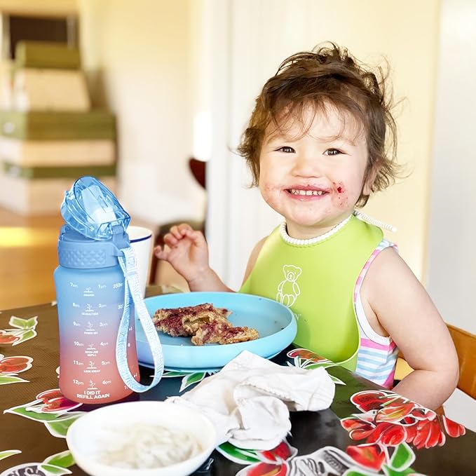 OLDLEY Kids Water Bottle for School, 12 oz (2 lids) BPA-Free Reusable Leak-proof Durable Tritan Plastic Water Bottles with Straw & Chug Lids, Anti-dust Spout Cover (Dreamland)