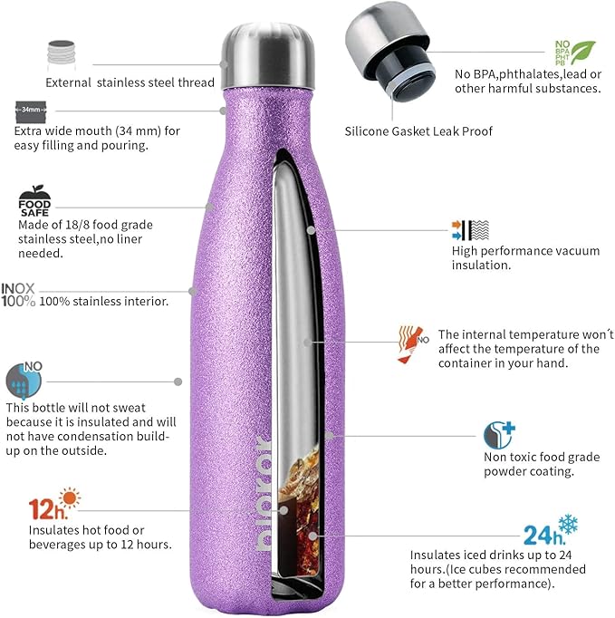 BJPKPK Insulated Water Bottles -17oz/500ml -Stainless Steel Water Bottles,Sports Water Bottles Keep Cold for 24 Hours and Hot for 12 Hours,BPA Free Water Bottle,Glitter Purple
