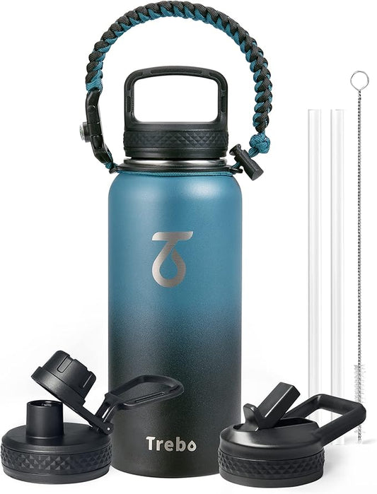Trebo 32oz Water Bottle Insulated with Lid and Straw,Double Wall Vacuum Stainless Steel Metal Tumbler Sports Flask with Paracord Handle, Keep Cold 48 Hours Water Cup with 3 Lids, Indigo/Black
