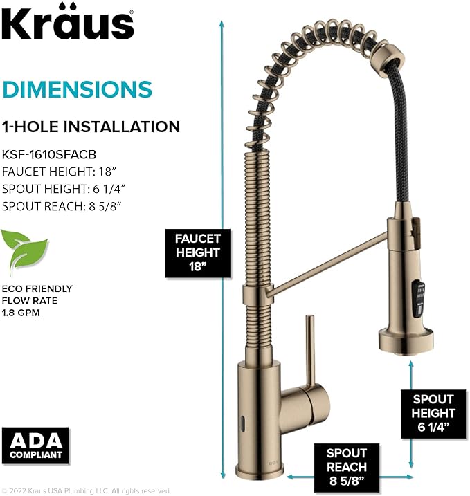 KRAUS Bolden Touchless Sensor Commercial Pull-Down Single Handle 18-Inch Kitchen Faucet in Spot Free Antique Champagne Bronze, KSF-1610SFACB