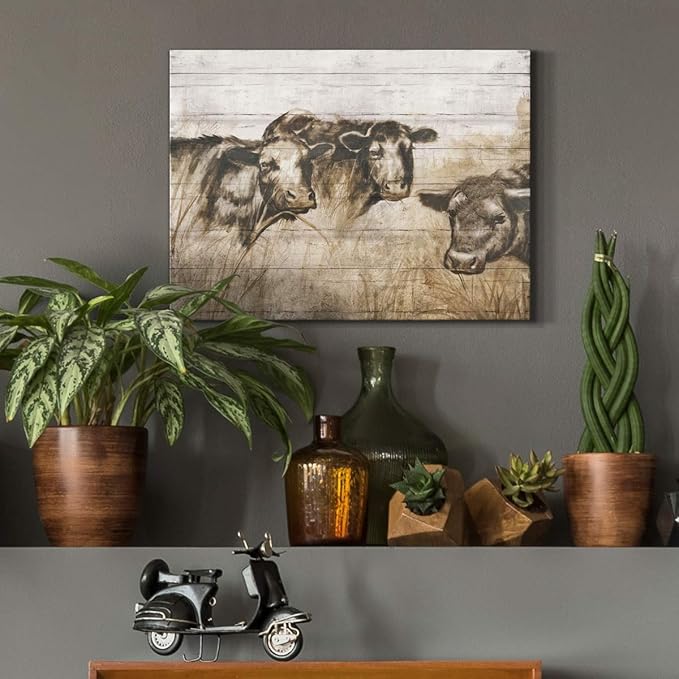 Renditions Gallery Canvas Animal Wall Art Modern Decorations Paintings Vintage Sepia Cows Abstract Black & White Farmhouse Artwork Prints for Bedroom Office Kitchen - 18"x27" LT33