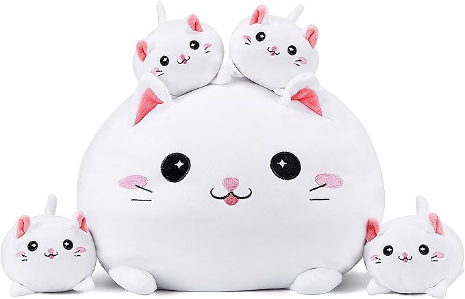 Cat Plush Cute Cat Stuffed Animal with 4 Baby Soft Pillow Birthday Gift for Girls Boys Kids Decor