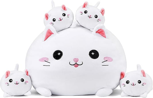 Cat Plush Cute Cat Stuffed Animal with 4 Baby Soft Pillow Birthday Gift for Girls Boys Kids Decor