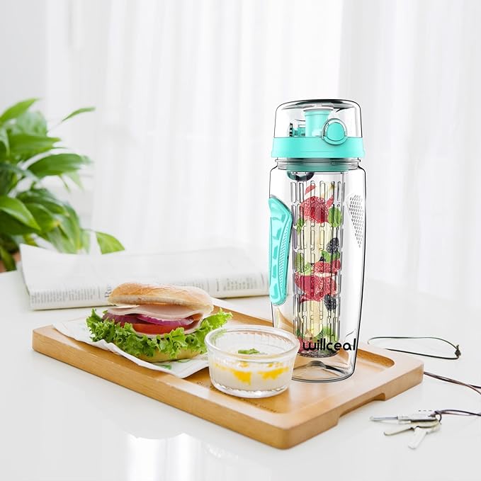 Fruit Infuser Water Bottle 32oz- Durable, Large - BPA Free Tritan, Flip Lid, Leak Proof Design - Sports, Camping
