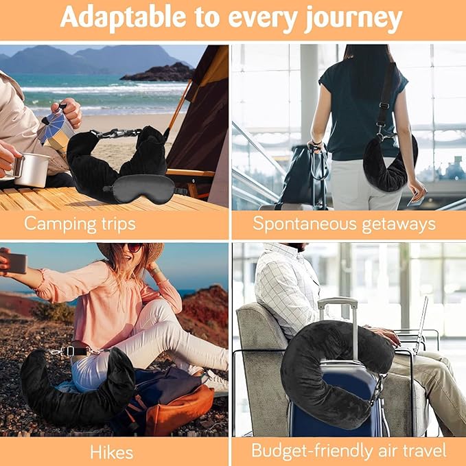 Stuffable Neck Pillow, Travel Neck Pillow Storage Bag for Airplanes, Tube Travel Neck Pillow Stuff with Clothes, No Extra Baggage Fees, Fits 3+ Days of Travel Essentials, No Filler (Black)