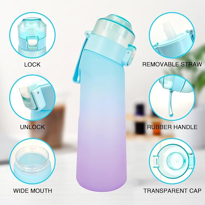 Air Water Bottle,650ML Scent Water Cup with 7 Flavour Pods,Leak Proof Sports Water Cup with Straw Suitable for Outdoor Sports,Kids Gifts (Blue Purple)