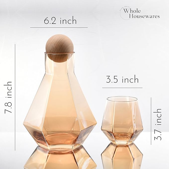 WHOLE HOUSEWARES Gold Diamond Inspired Wine Glasses Set of 5 - Red and White Wine Glasses - Large Bulbous Crystal Glass - Modern Diamond Wine Carafe with Cork Ball - Valentines Day Gifts