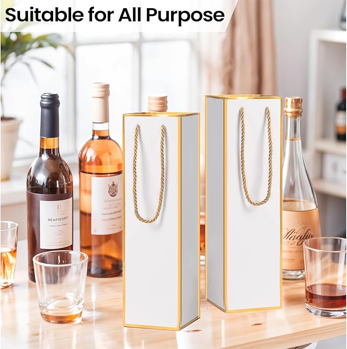 ISKYBOB 10 Packs Wine Gift Bag with Handle, Single Bottle Bags for Wine Kraft Paper Wine Bottle Gifts Box Reusable Gold Foil Gift Wine Bag for Housewarming, Business Dinner, Birthday Party (White)