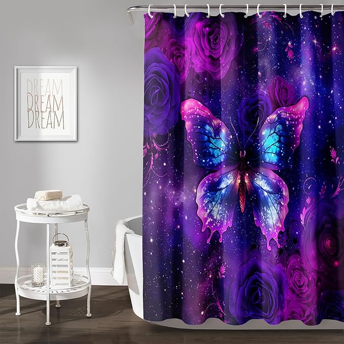 AILONEN Butterfly Shower Curtain Bathroom 48" W*72" H Sparkly Purple Butterfly and Rose Curtain Cloth Fabric Bathroom for Girls Kids,Deep Purple Shower Curtain Set
