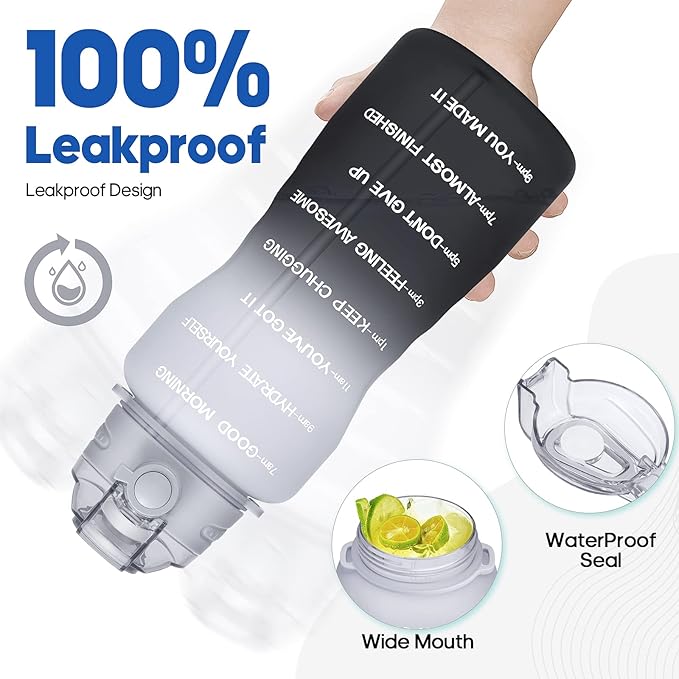 Water Bottles 1 / Half Gallon with Time Marker and Straw, Large Fitness Sports Motivational Bottle, Wide Mouth Leakproof and BPA Free for Travel, Gym,office,school