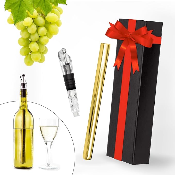 Wine Chiller Stick | 4 In 1 Wine Accessory Set | Iceless Chiller Stick | Decanting Aerator | Wine Pourer | Bottle Stopper | Accessory Case | Premium Gold | Father's Day Gift | Wine Gift Women & Men