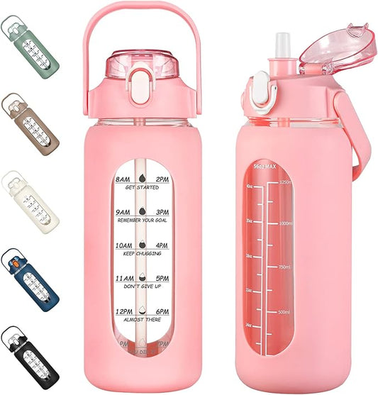 kytffu 56oz Glass Water Bottles with Straw, Motivational Glass Bottle with Silicone Sleeve and Time Marker, Leakproof Large Glass Water Jug for Gym Home Office,Pink