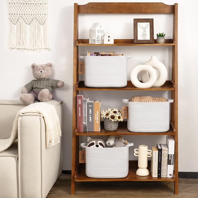 Goodpick Rope Basket, Storage Baskets for Organizing, Rectangle Baby Nursery basket with Handles, Small Woven Basket for Shelves, Living Room, 13 x 10 x 9 Inches, White