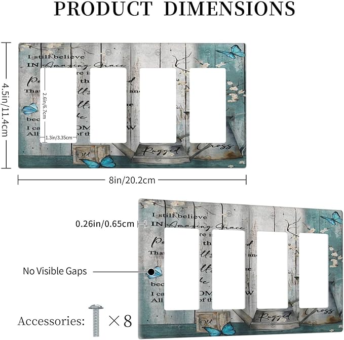 Vintage Teal Butterfly Inspirational Quotes Wood Plank 4 Gang Rocker Decora Light Switch Cover Outlet Covers Wall Plate Decorative Switchplate Electrical Faceplate GFCI for Farmhouse Bedroom Decor