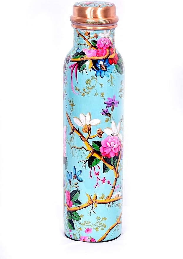 Copper Bottle For Drinking Water 33 Oz Ayurvedic Leak Proof lid Enamel Blue Design Durable Lightweight Hand Washable Vessel Clean Cool Water Natural Minerals Boost Energy Safe Water Utensil