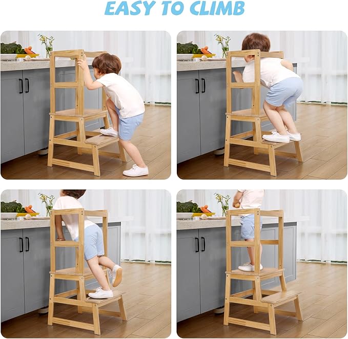 Kids Kitchen Step Stool, Standing step stool with Safety Rail for Toddlers 18 Months and Older, Safety Anti-Slip Protection, Removable Step Stool for Adult Use, Natural