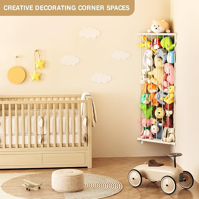 Kids Stuffed Animal Storage Organizer - Corner Stuff Animal Holder for Kids with Length Adjustable - Plush Toys Wall Storage for Nursery Playroom Bedroom (Ivory)