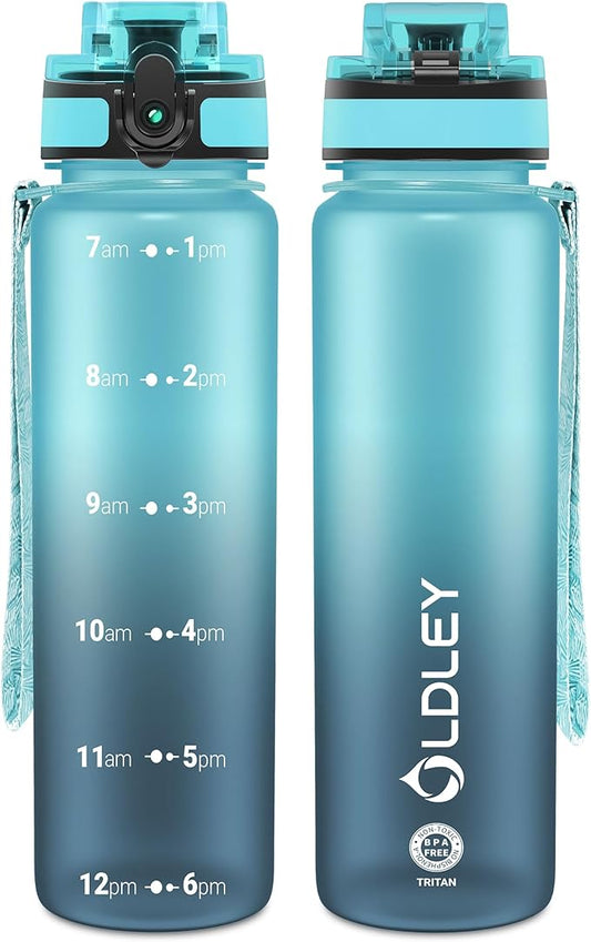 OLDLEY 32 oz Water Bottle, Motivational Water Bottle with Time Marker, Sports Water Bottle With Strap, Leakproof & BPA Free Large Water Bottles for School, Gym, Travel, Outdoor, Tritan,Blue&Gray