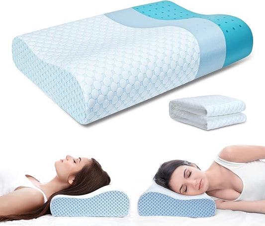 Cooling Pillow for Hot Sleepers Memory Foam Pillow Neck Contour Cervical Orthopedic Pillow for Sleeping Side Back Stomach Sleeper, Ergonomic Bed Pillow for Neck Pain-Blue White