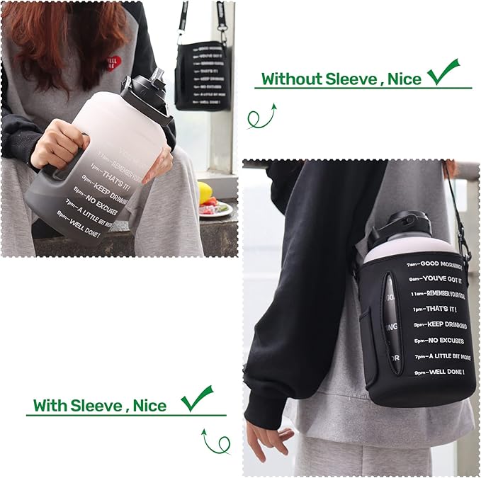 QuiFit 1 Gallon Water Bottle - with Straw & Motivational Time Marker Leak-Proof BPA Free Reusable Gym Sports Outdoor Large(128OZ) Capacity Water Jug(Gray/Black with Sleeve,1 Gallon)